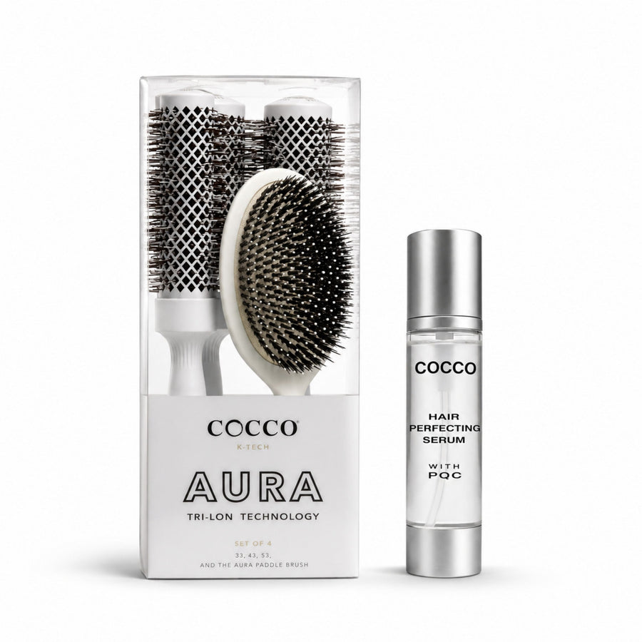 Hair Styling & Smooth Finish Bundle – with Cocco Aura Brush Set (White) + Cocco Hair Perfecting Serum 3.4 oz