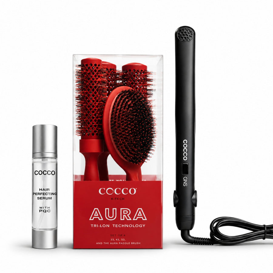 Cocco GNS 1″ Flat Iron V3, Aura Brush Set & Hair Perfecting Serum Bundle